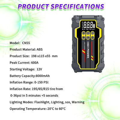 8000mAh 12V Multi Functional Jump Starter with Built-In Tire Pump and 600A Peak Current
