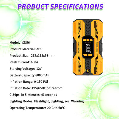 8000mAh Multi Functional Jump Starter with 150 PSI Air Compressor and 600A Peak Current for Emergency Vehicle Starting