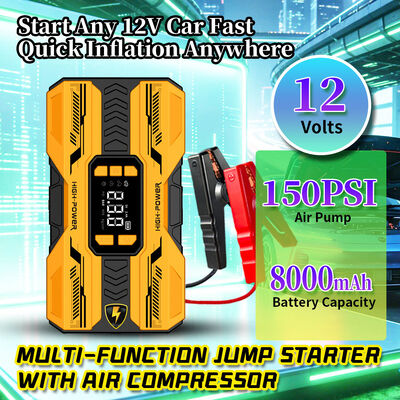 8000mAh Multi Functional Jump Starter with 150 PSI Air Compressor and 600A Peak Current for Emergency Vehicle Starting