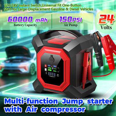 Portable 24V Jump Starter with 64000mAh Battery 2000A Peak Current and 150PSI Air Compressor