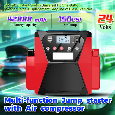 64000mAh Dual Voltage 24V Jump Starter with Built-In Tire Pump for Cars and Trucks