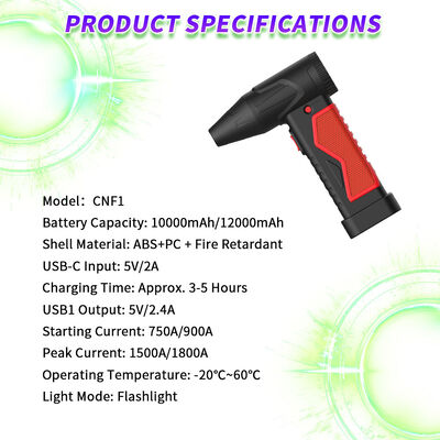12000mAh Multi Functional Jump Starter with Built-In Air Compressor and Flame-Retardant ABS + PC Housing