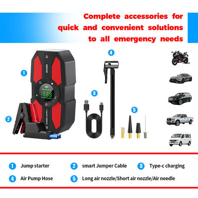 Rechargeable 12V Jump Starter with 600A Peak Current 150PSI Digital Air Compressor and Built-in LED Torch