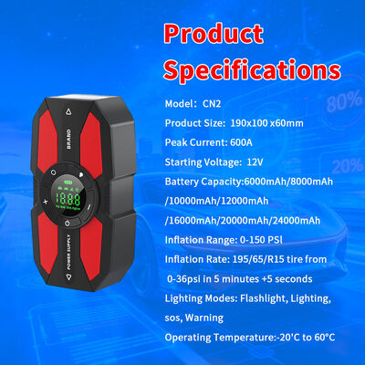 Rechargeable 12V Jump Starter with 600A Peak Current 150PSI Digital Air Compressor and Built-in LED Torch