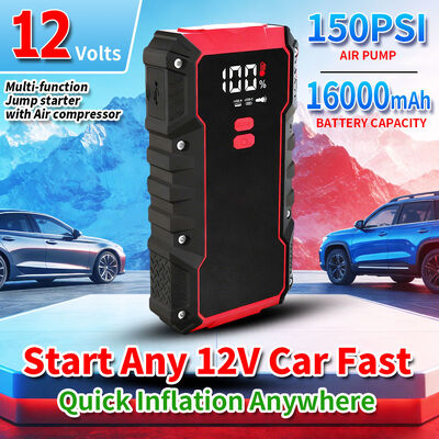 16000mAh Multi-Function Jump Starter with 150 PSI Air Compressor and LED Emergency Torch for Cars and SUVs