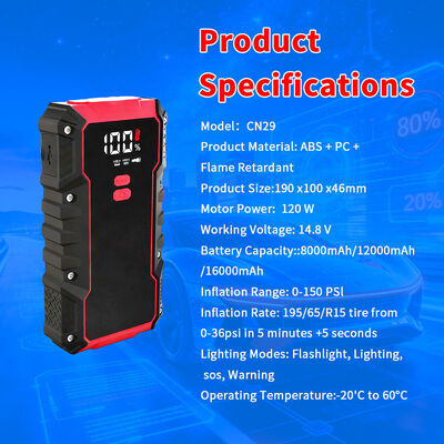 16000mAh Multi-Function Jump Starter with 150 PSI Air Compressor and LED Emergency Torch for Cars and SUVs