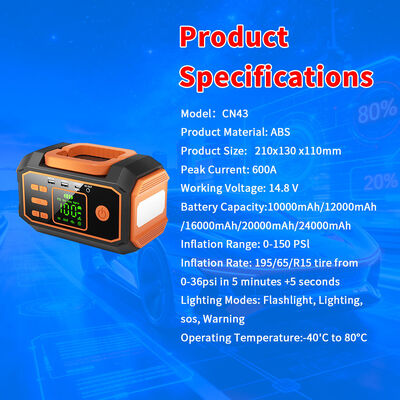 24000mAh Multi-Function Jump Starter with 150 PSI Air Compressor and 600A Peak Current for Emergency Vehicle Charging