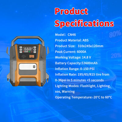 53600mAh 6000A Peak Current Multi Functional Jump Starter with Digital Tire Inflator for Heavy-Duty Vehicles