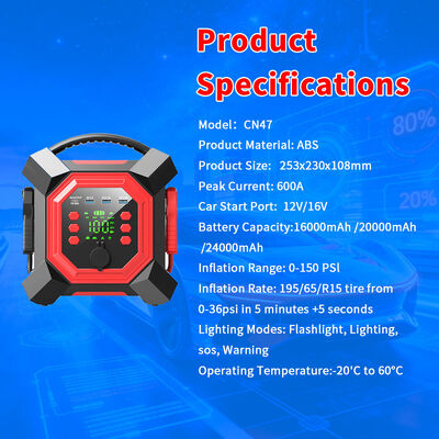 600A Peak Current Multi Functional Jump Starter with Built-In Air Pump and 16000mAh Battery