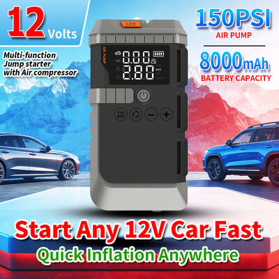 8000mAh Battery Multi Functional Jump Starter with 150 PSI Air Compressor and 1000A Peak Current for Emergency Vehicle Charging