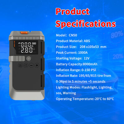 8000mAh Battery Multi Functional Jump Starter with 150 PSI Air Compressor and 1000A Peak Current for Emergency Vehicle Charging
