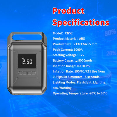 12V 8000mAh Portable Car Jump Starter with 150 PSI Tire Inflator and Power Bank Function