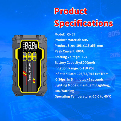 8000mAh 12V Portable Jump Starter with Built-In Air Inflator for Cars and Vehicles