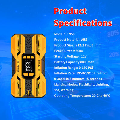 Multi-Function 8000mAh Automotive Jump Starter with Built-In Air Compressor for 12V Vehicles