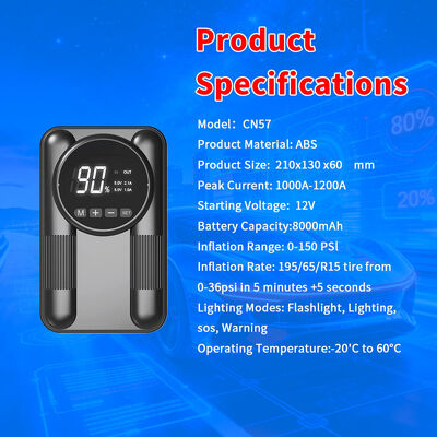 Portable 8000mAh Car Jump Starter with 150 PSI Air Compressor and 12V Vehicle Compatibility
