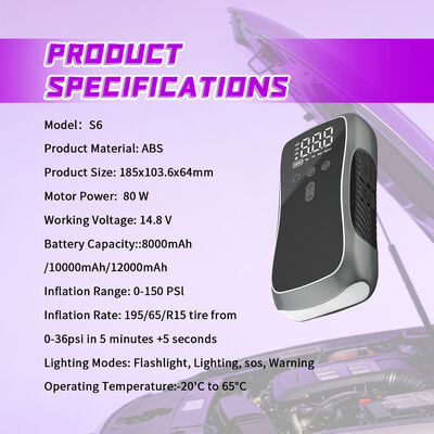 Portable 12V Car Jump Starter with 150 PSI Air Compressor and 8000mAh Lithium Battery Power Bank