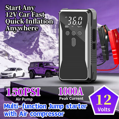 Compact Automotive Jump Starter with 1000A Peak Starting Current and 150 PSI Tire Inflation Portable Air Compressor