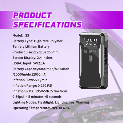 Compact Automotive Jump Starter with 1000A Peak Starting Current and 150 PSI Tire Inflation Portable Air Compressor