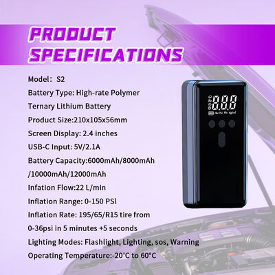 12V Portable Car Jump Starter with 1000A Peak Current and 150PSI Air Compressor Featuring Digital Display