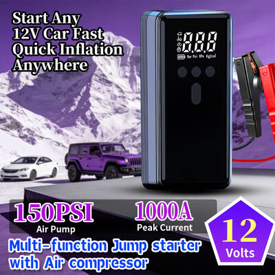 12V Portable Car Jump Starter with 1000A Peak Current and 150PSI Air Compressor Featuring Digital Display