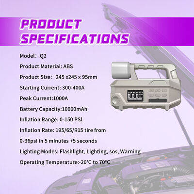 Smart 10000mAh Jump Starter with 150 PSI Air Compressor and LED Flashlight for Emergency Power Supply