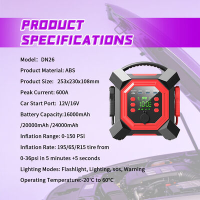 12V 24000mAh Car Jump Starter with 600A Peak Current and 150 PSI Air Compressor for Emergency Power