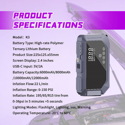 Multifunctional 12V Car Jump Starter with 1000A Peak Current, 150 PSI Air Compressor and 6000mAh Portable Power Bank