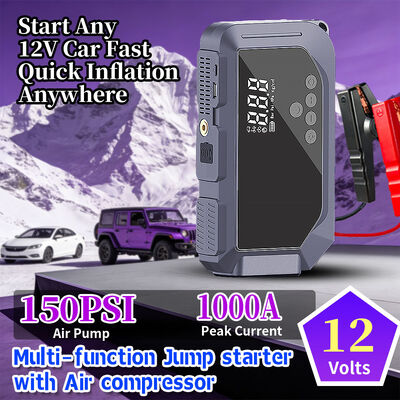 Multifunctional 12V Car Jump Starter with 1000A Peak Current, 150 PSI Air Compressor and 6000mAh Portable Power Bank