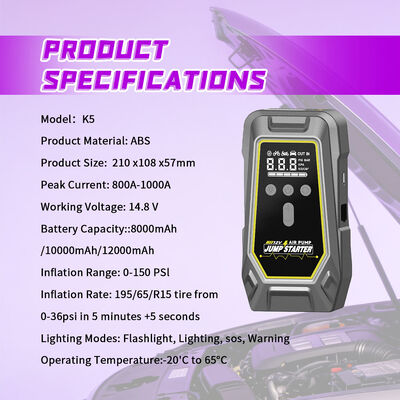 8000mAh Battery Capacity 150 PSI Air Compressor Car Jump Starter with Multiple LED Lighting Modes and Portable Power Bank
