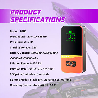 600A Peak Current Vehicle Jump Starter with Built-in 150 PSI Air Compressor and 30000mAh Battery Capacity