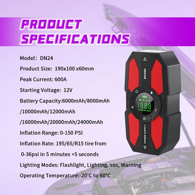 12V Car Jump Starter with 150 PSI Air Compressor and LED Emergency Light - Portable Battery Booster with 6000mAh to 24000mAh Capacity