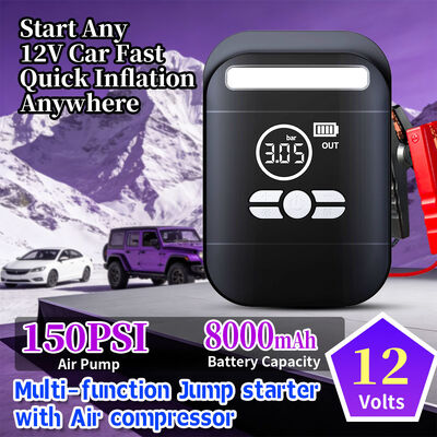 Portable 8000mAh Car Jump Starter with 150 PSI Air Compressor and 1000A Peak Current for Emergency Power
