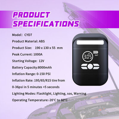 Portable 8000mAh Car Jump Starter with 150 PSI Air Compressor and 1000A Peak Current for Emergency Power