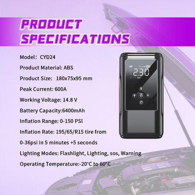 600A Peak Current 6400mAh Battery Capacity Vehicle Jump Starter with 150 PSI Digital Air Pump and LED Emergency Light