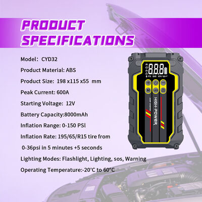 600A Peak Current Car Jump Starter with 8000mAh Battery and 150 PSI Tire Inflator for Emergency Power