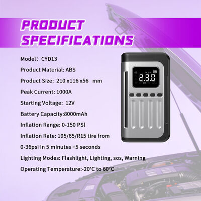 12V Automotive Jump Starter with 8000mAh Battery 150PSI Tire Pump and Multi-Mode LED Light