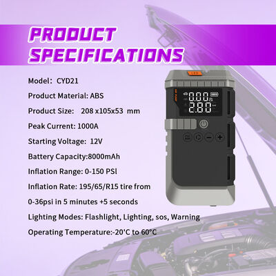 Portable 8000mAh Car Jump Starter with 1000A Peak Current and 150PSI Air Pump for Emergency Vehicle Starting