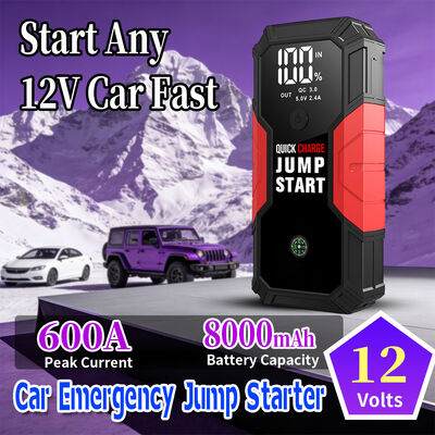 12V Portable Car Jump Starter with 600A Peak Power 8000mAh Rechargeable Battery and LED Safety Light