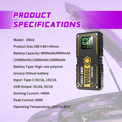 12V Portable Battery Booster with 600A Peak Current 8000mAh Capacity and QC3.0 Fast Charging for Cars