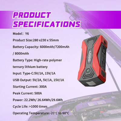 Portable Jump Starter with 8000mAh Power Bank 500A Peak Current and Multi-Function Charging for Emergency Car Battery Boosting