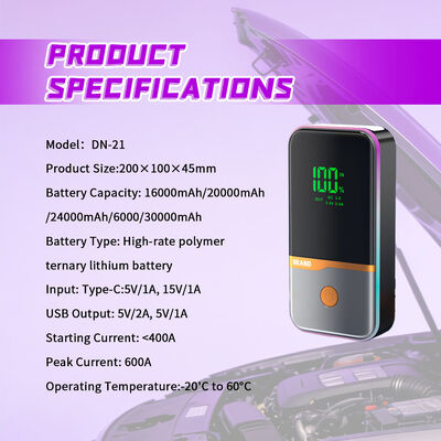 12V Compact Car Jump Starter with 600A Peak Current, 20000mAh Battery, and Digital Display for Emergency Power