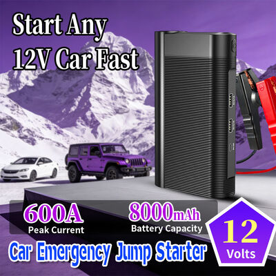 12V Compact Car Jump Starter with 600A Peak Current 8000mAh Battery and LED Flashlight