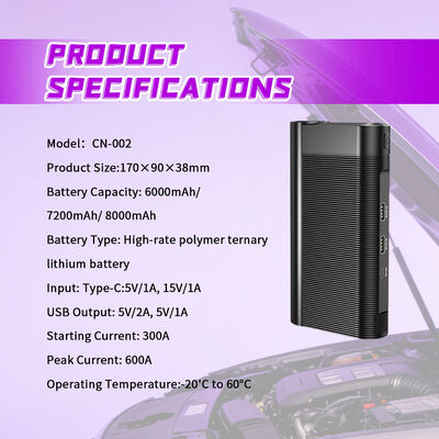 12V Compact Car Jump Starter with 600A Peak Current 8000mAh Battery and LED Flashlight