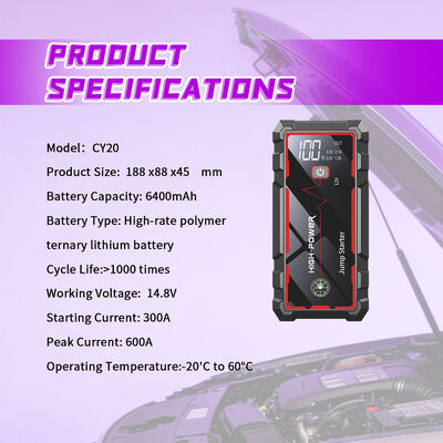 Auto Jump Starter 600A Peak Current with 6400mAh Battery and LED Display for 12V Vehicles