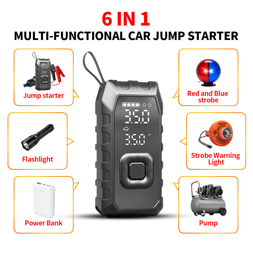 ABS Jump Starter With Tyre Inflator 0-150PSI Portable Battery Jump Starter Air Compressor For Car Tires