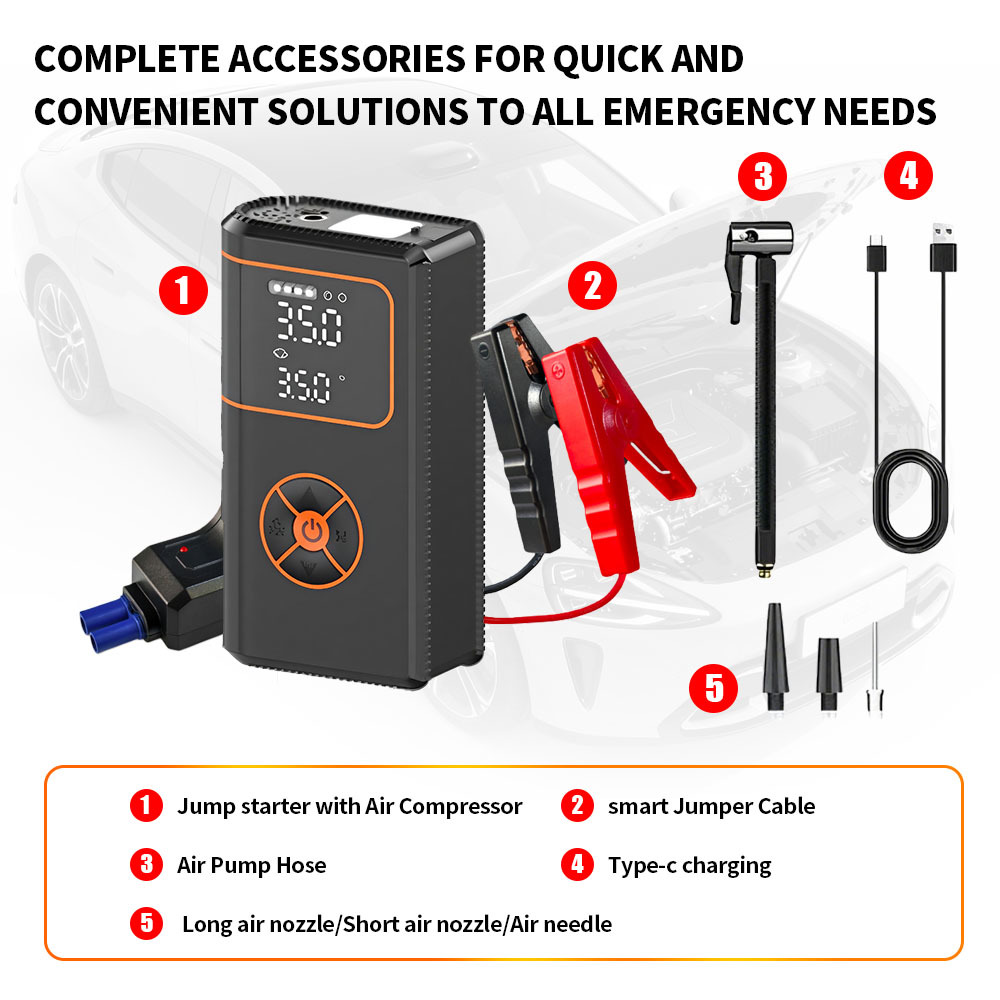 Vehicle Battery Booster Portable Car Jump Starter 12V Emergency Air Pump Tire Inflator 4 In 1 6000mAh