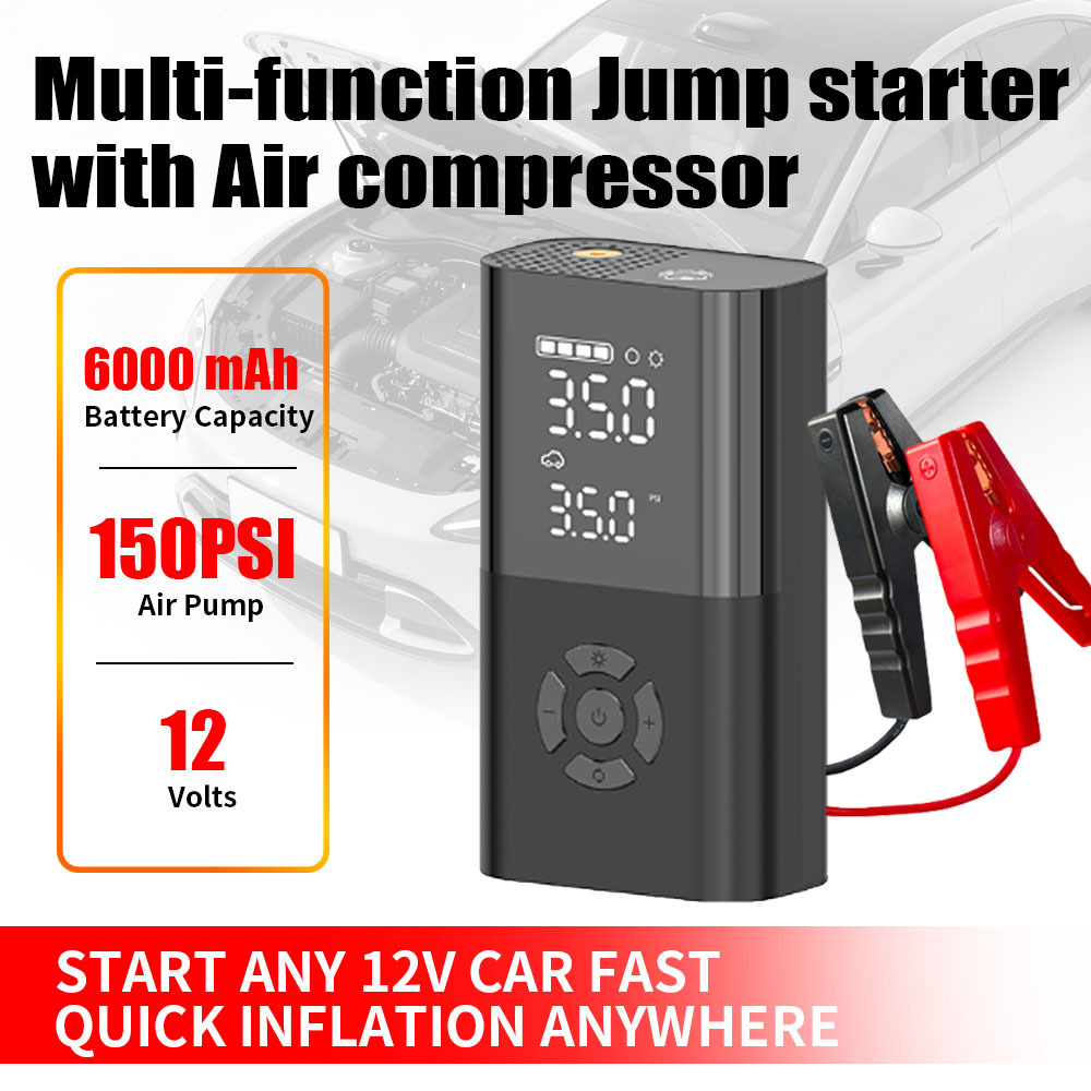 6000mAh 12 Volt Auto Jump Starter Pack Air Tire Compressor 9 In 1 Portable 150PSI Pump Jump Starter Power Pack