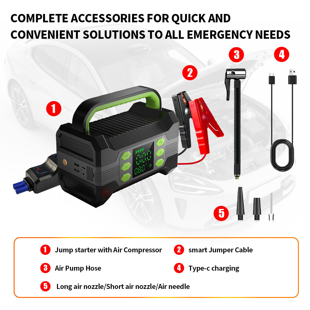 Digital Multi Functional Jump Starter With Flashlight Car Battery Charger Air Compressor Tire Inflator 150PSI