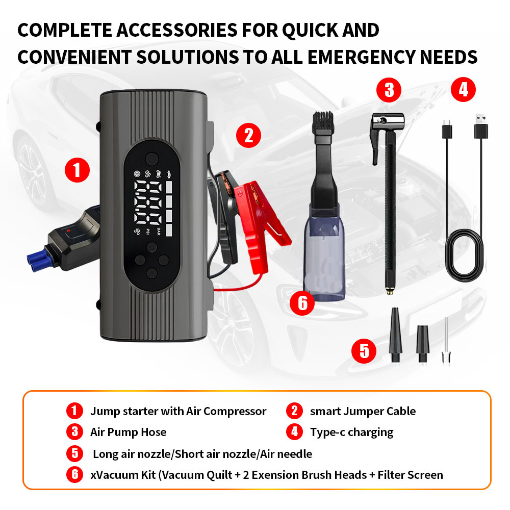 Power Compact 12V Car Battery Jump Starter With Tyre Inflator Battery Powered Tire Inflator Emergency Battery Pack