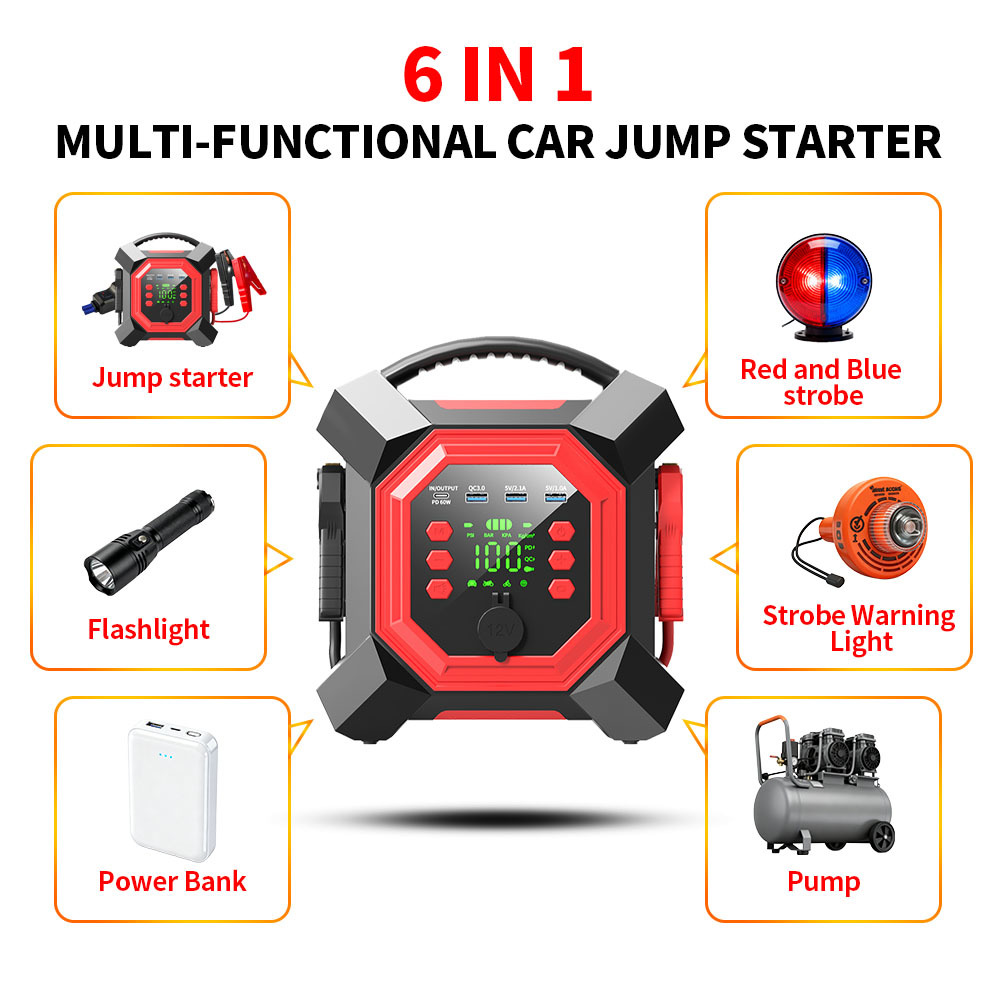 Digital Car Battery Booster Jumper Pack 24000mAh Car Jump Starter Power Bank With Tire Inflator 150PSI